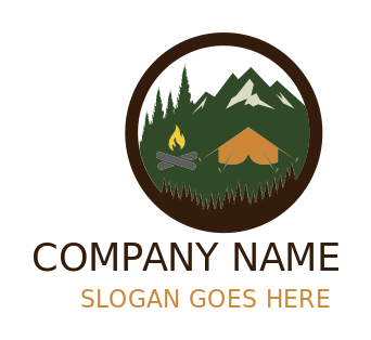 camping logo tent on mountains with pine trees