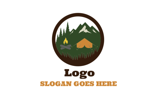 landscape logo tent on mountains with pine trees