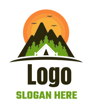 travel logo tent trees mountains and birds