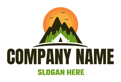 travel logo tent trees mountains and birds