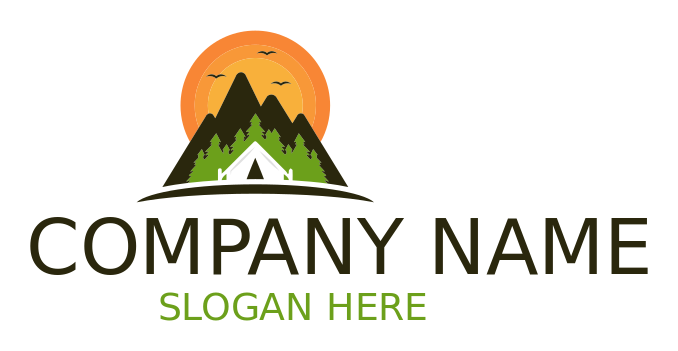 travel logo tent trees mountains and birds