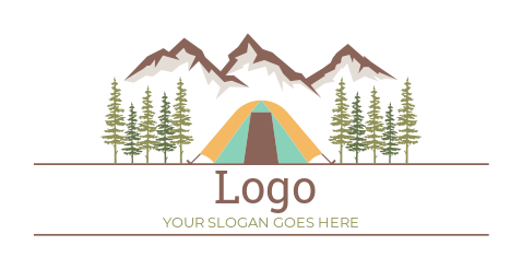 illustrative campsite tent with mountains and trees 
