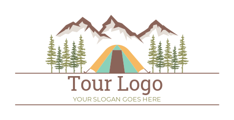 illustrative campsite tent with mountains and trees 