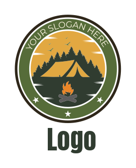 illustrative circle badge of campsite tent and pine trees with fire