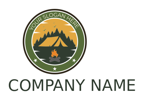 campsite logo circle badge of tent and trees