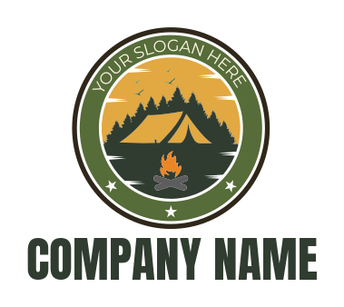 illustrative circle badge of campsite tent and pine trees with fire