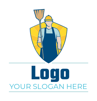 cleaning logo janitor holding broom in shield