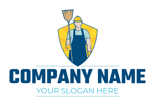 cleaning logo janitor holding broom in shield
