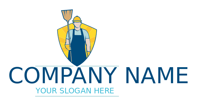 cleaning logo janitor holding broom in shield