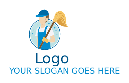 cleaning logo janitor holding mop in circle