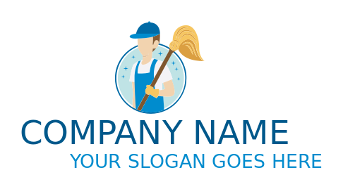 cleaning logo janitor holding mop in circle