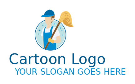 cleaning logo janitor holding mop in circle