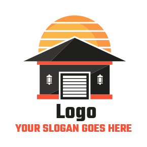 contractor logo sun behind Japanese garage