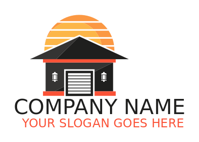 contractor logo sun behind Japanese garage