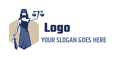 design an attorney logo lady justice holding balance scale and sword in hexagon