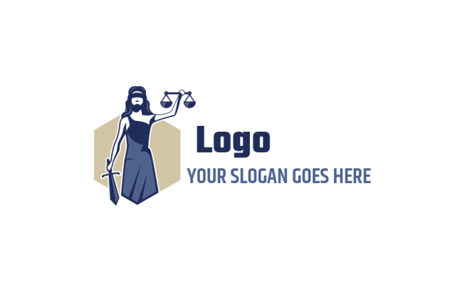 design an attorney logo lady justice holding balance scale and sword in hexagon