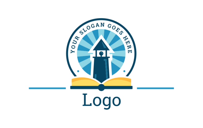 lighthouse and open book in rays circle badge
