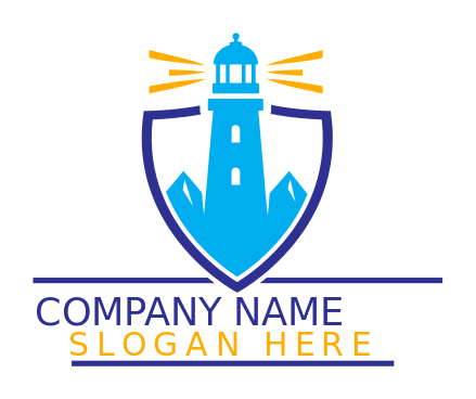 lighthouse in shield with rays and rocks