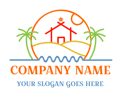travel logo line art house on beach in circle