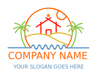 travel logo line art house on beach in circle