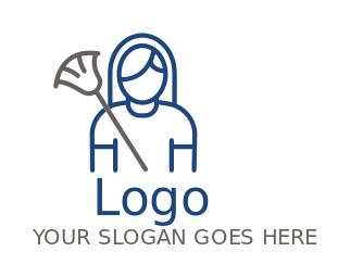 cleaner logo vector line art maid holding broom