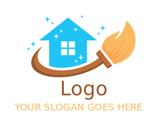 cleaning logo broom with sparkling house