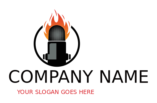 entertainment logo symbol mic in front of fire flames