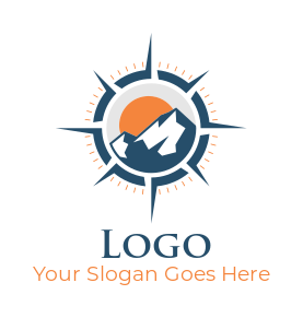 travel logo mountain with sun inside compass 