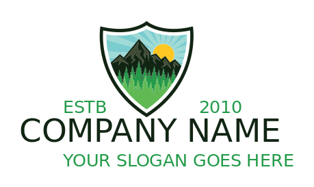 travel logo mountains pine trees sun in shield