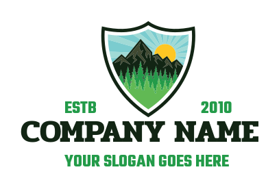 mountains with pine trees and sun inside shield logo creator 