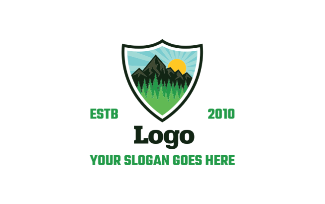 make a travel logo mountains with pine trees and sun inside shield