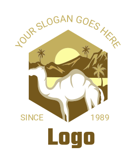 animal logo camel with mountains sun in hexagon
