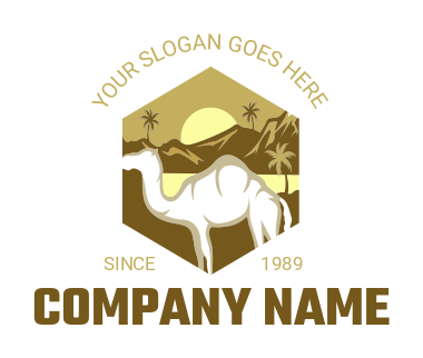 animal logo camel with mountains sun in hexagon