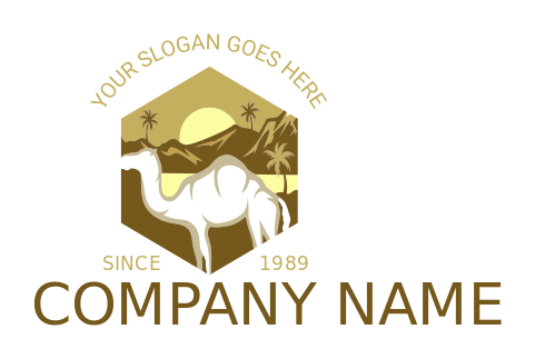 animal logo camel with mountains sun in hexagon