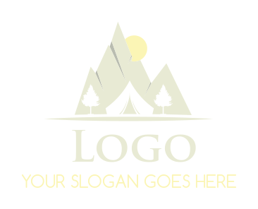 campsite logo mountains with tent and trees