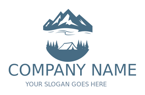 camp site logo lake with tent and mountains