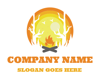 travel logo camp fire with negative space trees