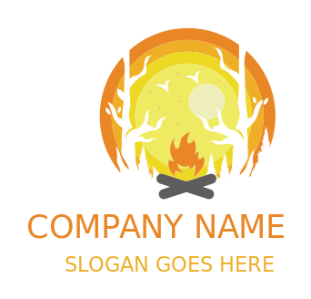 travel logo camp fire with negative space trees