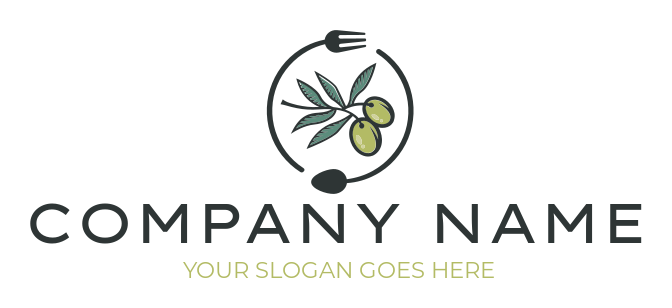 logo idea of olives in fork and spoon for mediterranean restaurant 