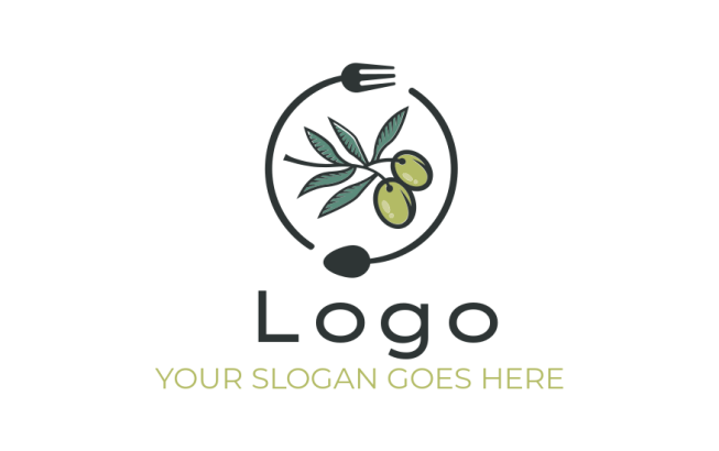 logo idea of olives in fork and spoon for mediterranean restaurant 