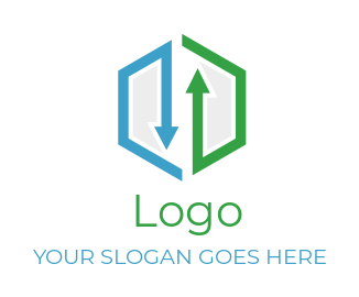 design a marketing logo opposite arrows inside hexagon 