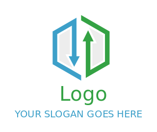 design a marketing logo opposite arrows inside hexagon 