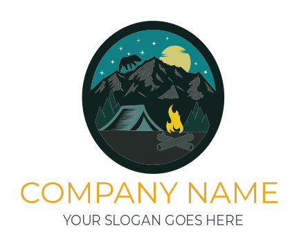 travel logo tent with bear on mountains and moon