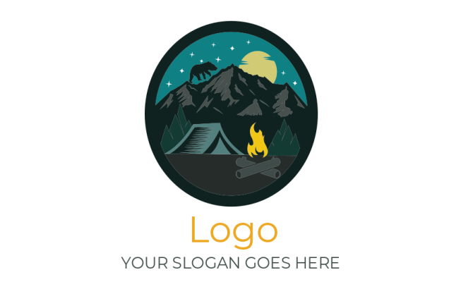 travel logo tent with bear on mountains and moon