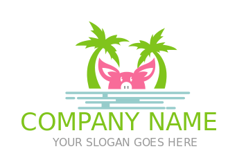 animal logo pig peeking between palm trees