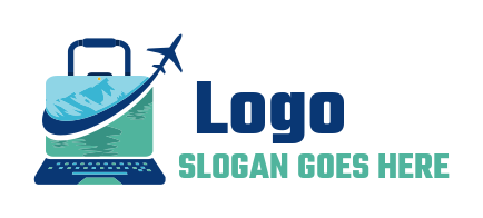 travel logo laptop suitcase and flying plane