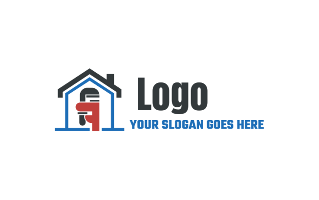 plumber wrench inside house with roof logo editor