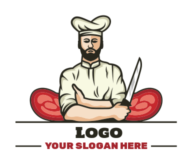 logo visual of professional butcher holding knife with steaks on his sides