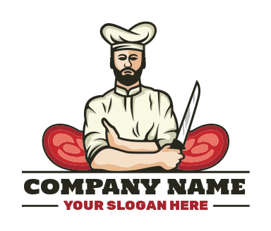 logo visual of professional butcher holding knife with steaks on his sides