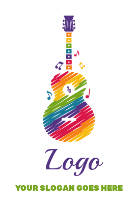 rainbow colored brush strokes on acoustic guitar with music symbols 